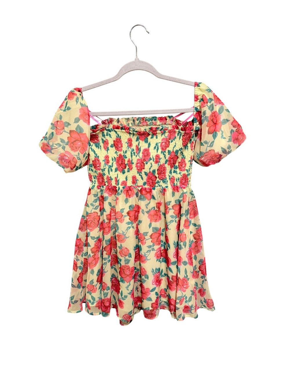 NWT Betsey Johnson Yellow Dress with Coral Floral Print and Puff Sleeves - M